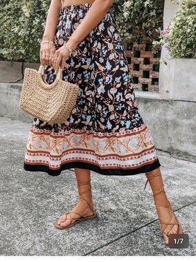 Boho Floral Tiered Midi Skirt - Black Multi